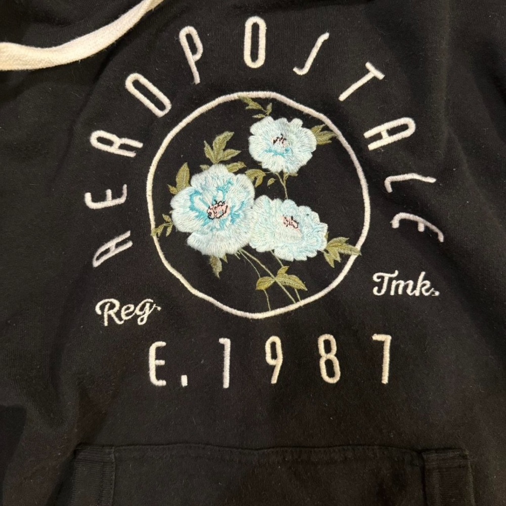 Aeropostale Black Hoodie with Blue Flowers Embroidery - Picture 3 of 3